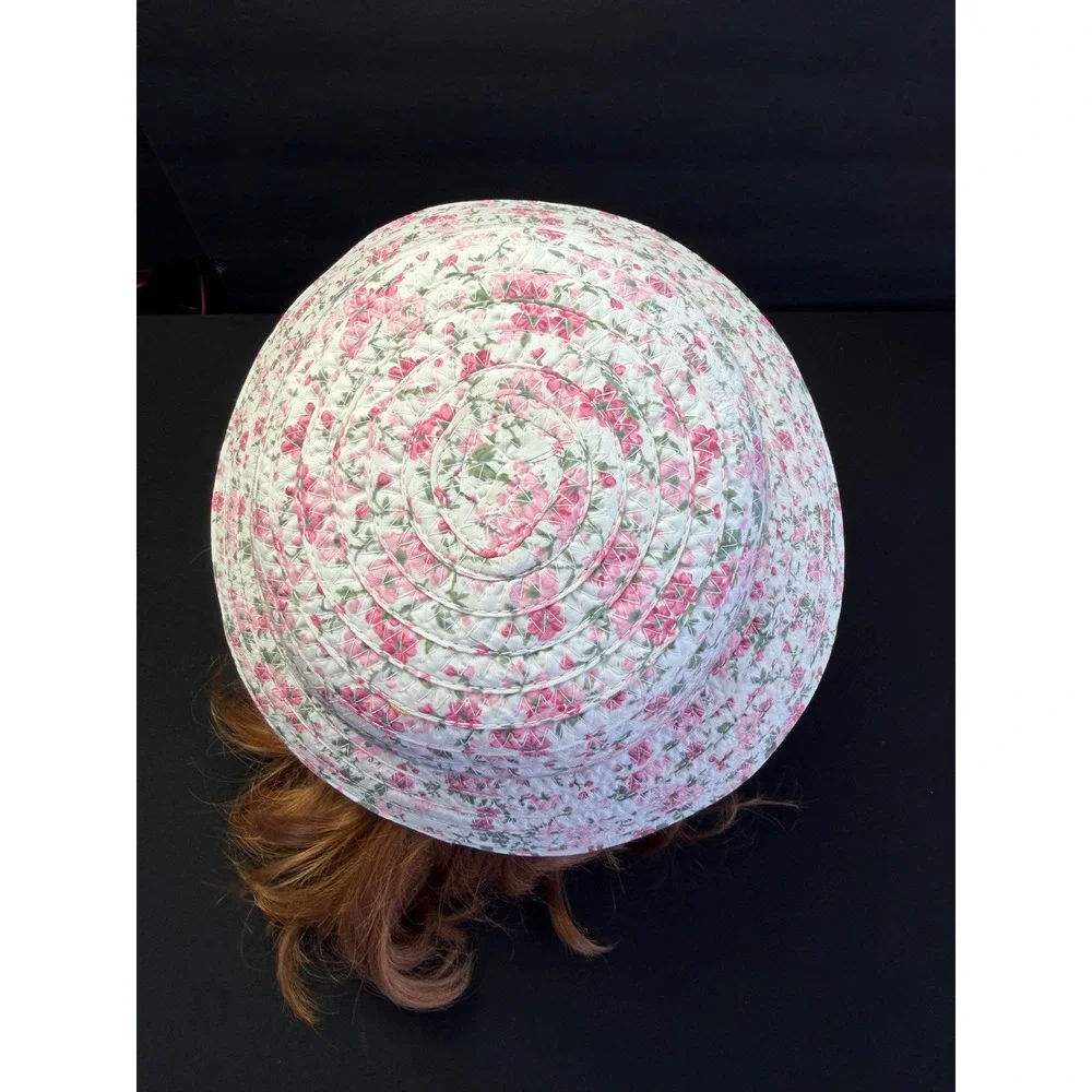 SeaWorld Floral Sun Hat Adult OS Pink White Braided 100% Cotton Wide Brim Beach